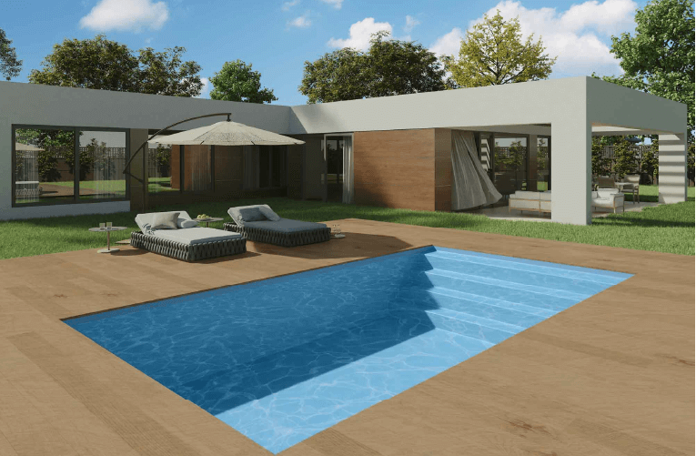 Piscine moderne dans jardin avec transats.